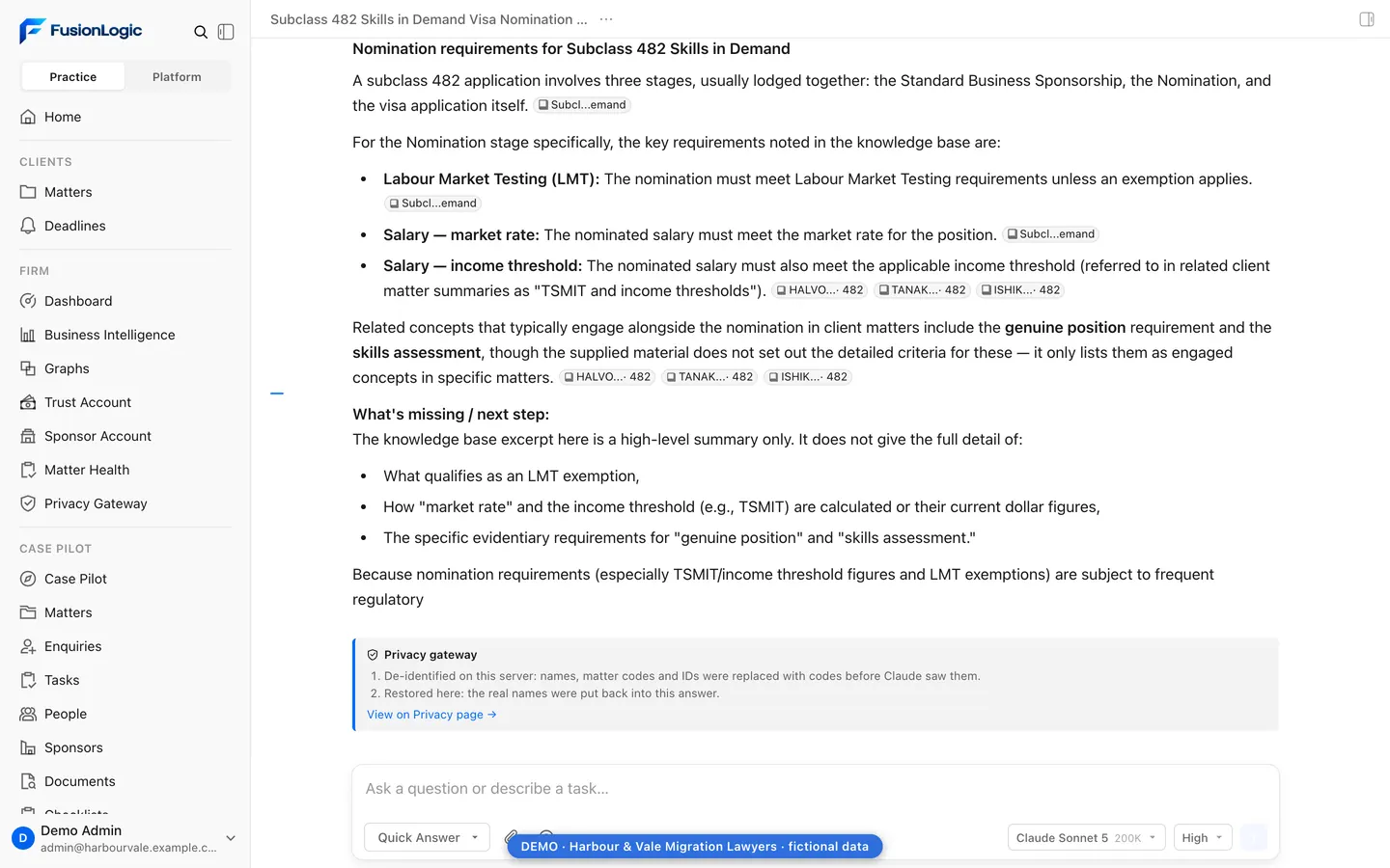 FusionLogic assistant answering a question about subclass 482 nomination requirements from the firm's knowledge notes, with each statement linked to its source note or matter.